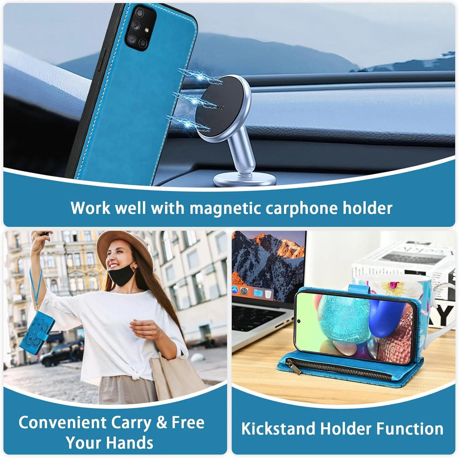 Asuwish Phone Case for Samsung Galaxy A71 5G Zipper Wallet Magnetic Detachable Cell Cover with Tempered Glass Screen Protector Crossbody Strap Flower Card Holder Slot A 71 G5 71A S71 Women Girls Blue