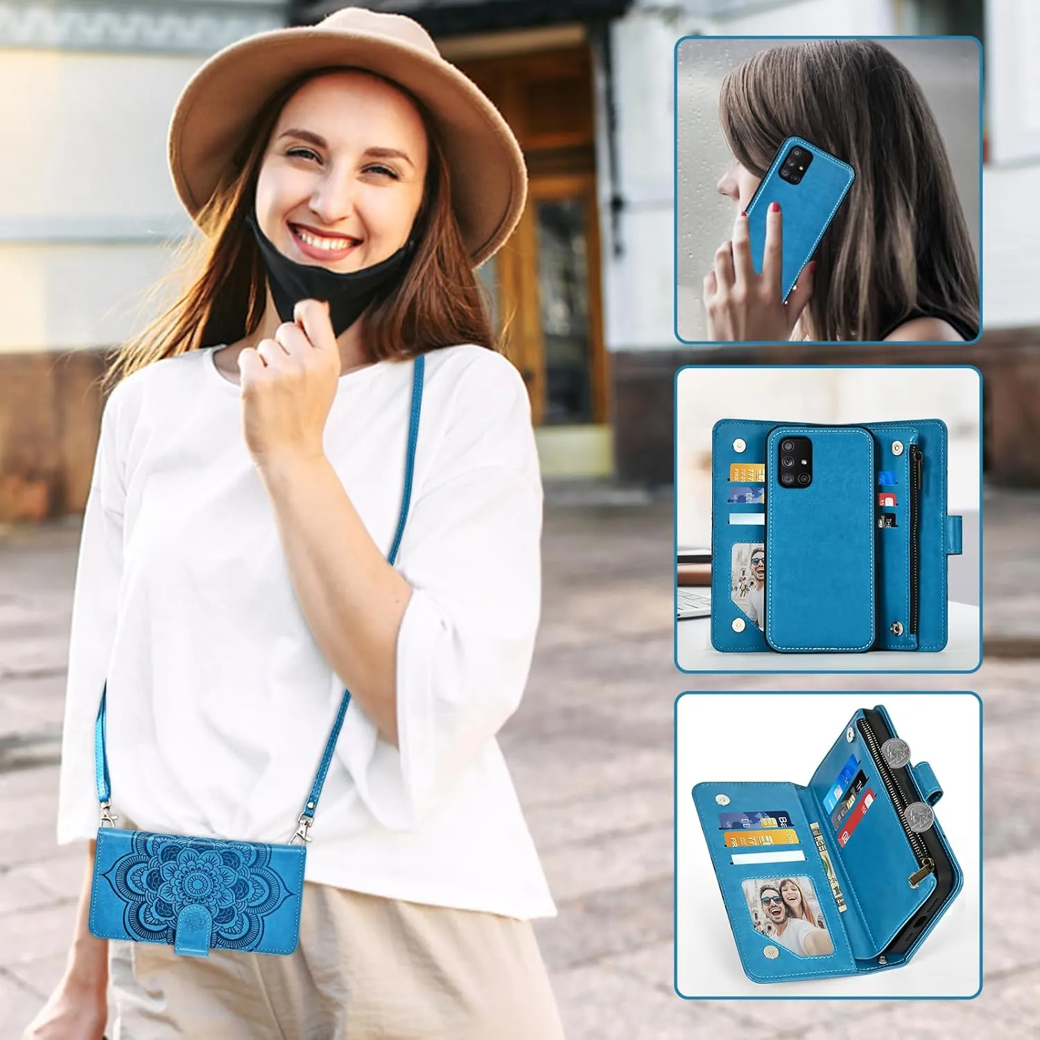 Asuwish Phone Case for Samsung Galaxy A71 5G Zipper Wallet Magnetic Detachable Cell Cover with Tempered Glass Screen Protector Crossbody Strap Flower Card Holder Slot A 71 G5 71A S71 Women Girls Blue