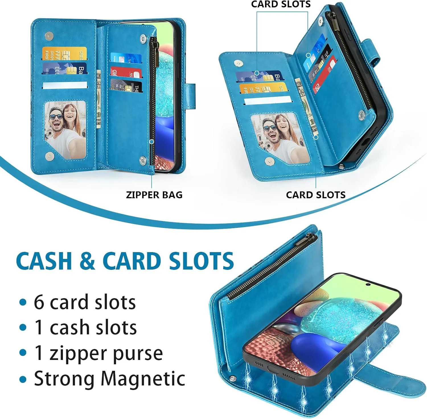 Asuwish Phone Case for Samsung Galaxy A71 5G Zipper Wallet Magnetic Detachable Cell Cover with Tempered Glass Screen Protector Crossbody Strap Flower Card Holder Slot A 71 G5 71A S71 Women Girls Blue