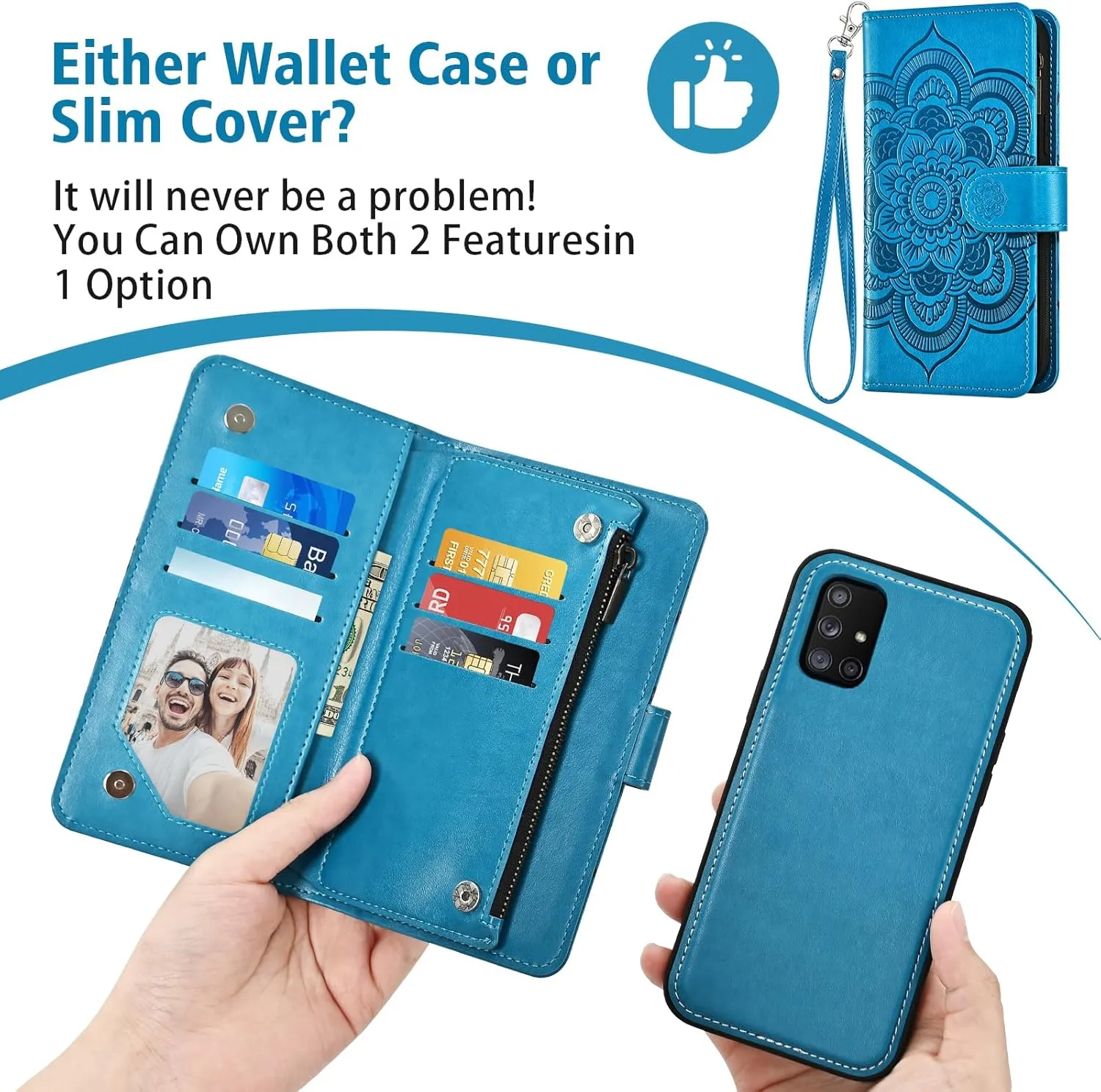 Asuwish Phone Case for Samsung Galaxy A71 5G Zipper Wallet Magnetic Detachable Cell Cover with Tempered Glass Screen Protector Crossbody Strap Flower Card Holder Slot A 71 G5 71A S71 Women Girls Blue
