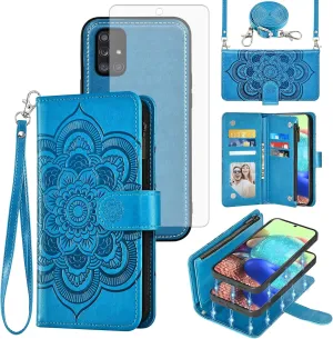 Asuwish Phone Case for Samsung Galaxy A71 5G Zipper Wallet Magnetic Detachable Cell Cover with Tempered Glass Screen Protector Crossbody Strap Flower Card Holder Slot A 71 G5 71A S71 Women Girls Blue