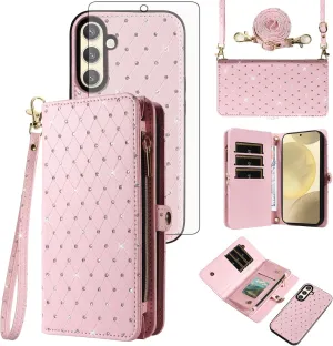 Asuwish Phone Case for Samsung Galaxy S24 5G Zipper Wallet Detachable Cell Cover with Tempered Glass Screen Protector Crossbody Lanyard Strap Glitter Flip Card Holder Slot S 24 24S G5 Women Girls Pink