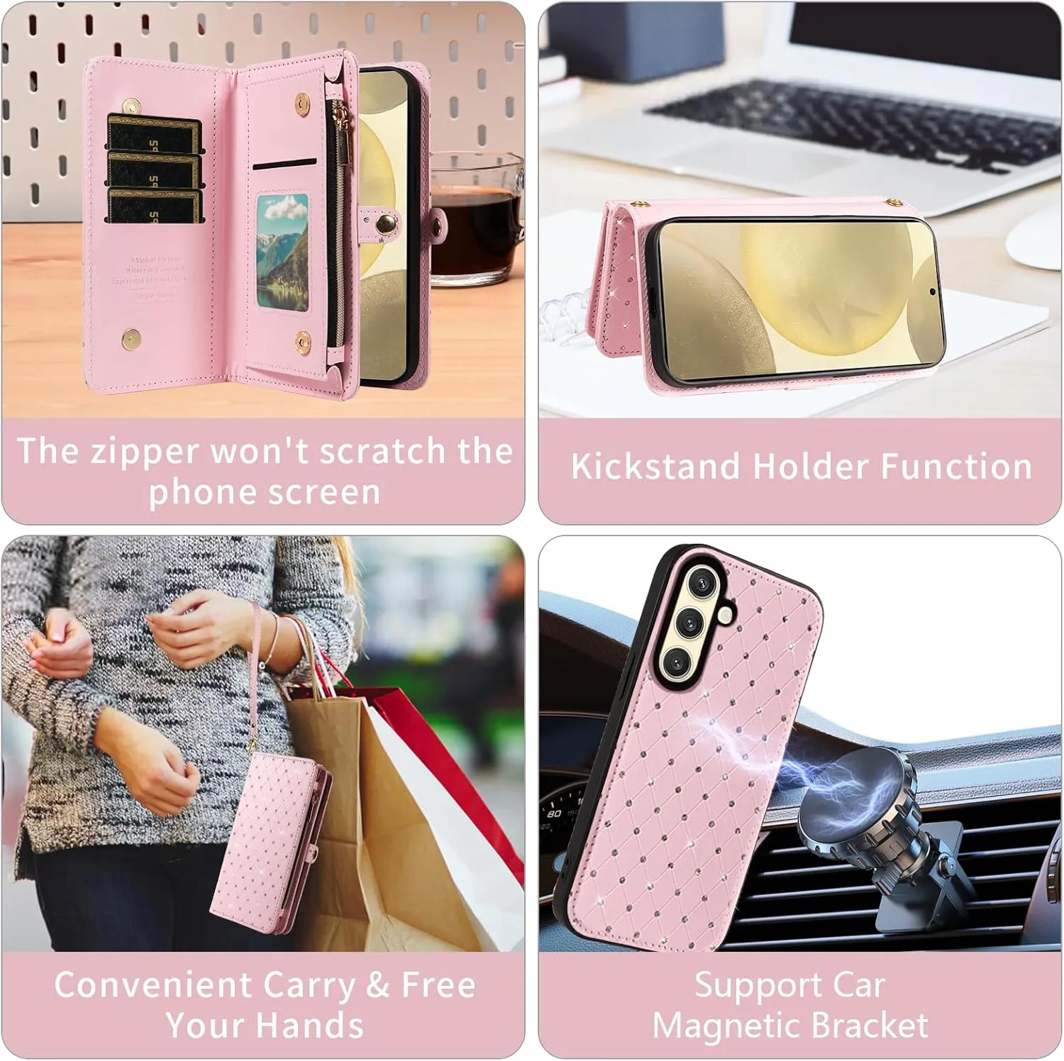 Asuwish Phone Case for Samsung Galaxy S24 5G Zipper Wallet Detachable Cell Cover with Tempered Glass Screen Protector Crossbody Lanyard Strap Glitter Flip Card Holder Slot S 24 24S G5 Women Girls Pink
