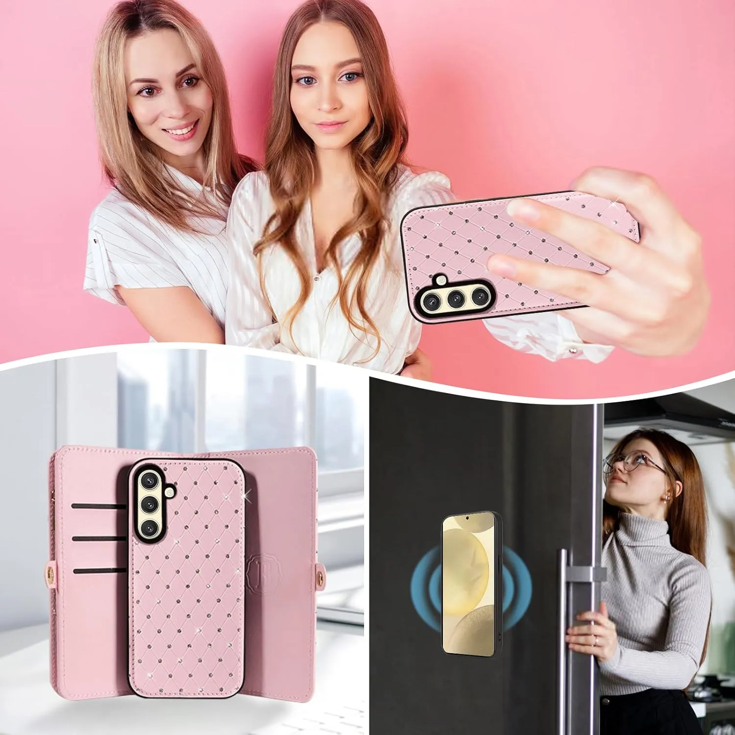 Asuwish Phone Case for Samsung Galaxy S24 5G Zipper Wallet Detachable Cell Cover with Tempered Glass Screen Protector Crossbody Lanyard Strap Glitter Flip Card Holder Slot S 24 24S G5 Women Girls Pink