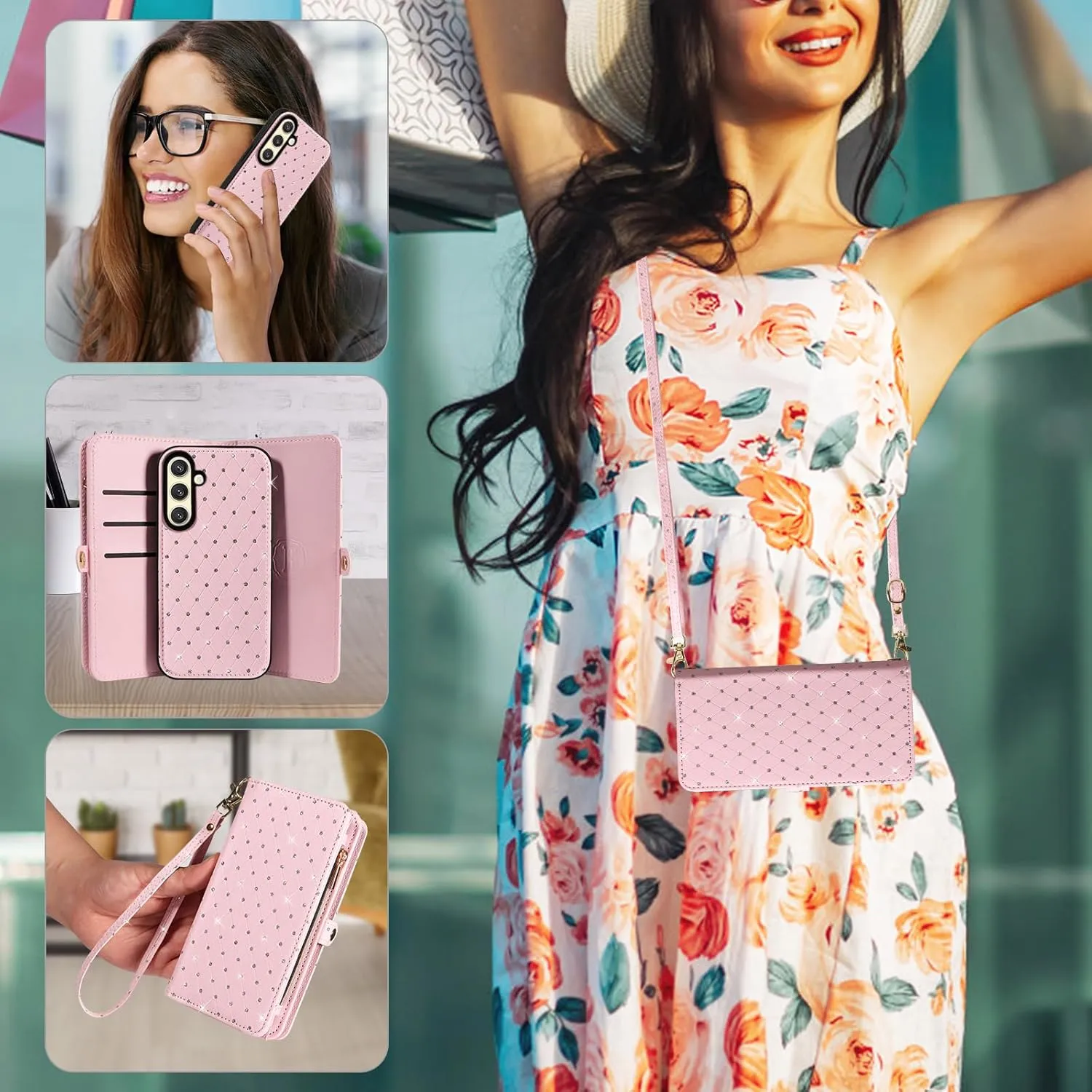 Asuwish Phone Case for Samsung Galaxy S24 5G Zipper Wallet Detachable Cell Cover with Tempered Glass Screen Protector Crossbody Lanyard Strap Glitter Flip Card Holder Slot S 24 24S G5 Women Girls Pink