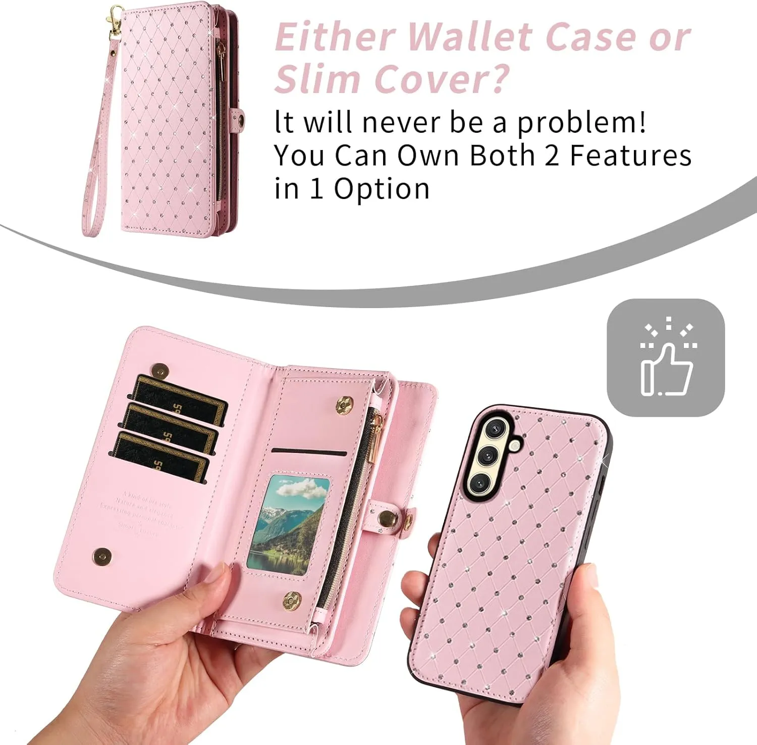 Asuwish Phone Case for Samsung Galaxy S24 5G Zipper Wallet Detachable Cell Cover with Tempered Glass Screen Protector Crossbody Lanyard Strap Glitter Flip Card Holder Slot S 24 24S G5 Women Girls Pink