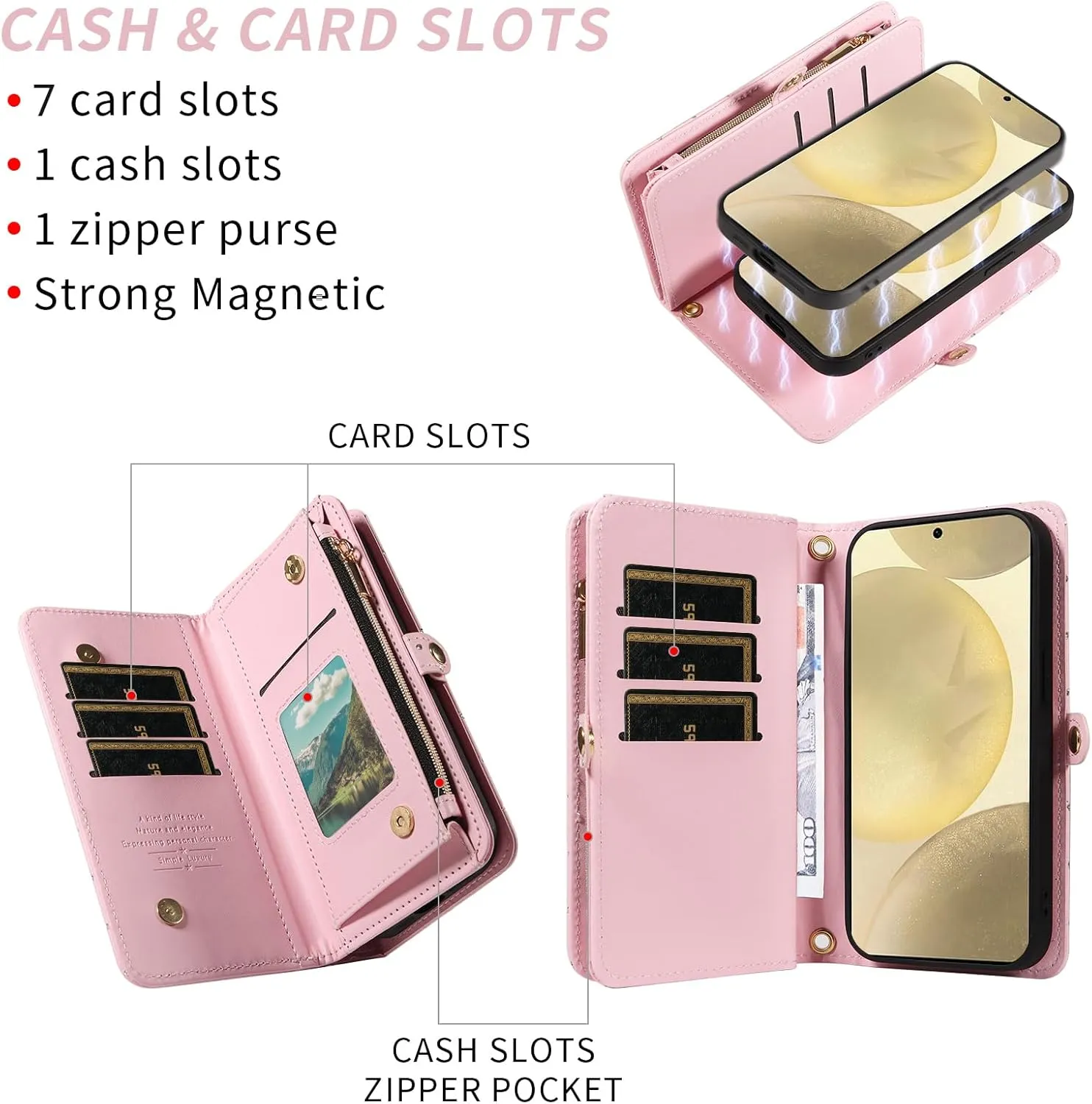 Asuwish Phone Case for Samsung Galaxy S24 5G Zipper Wallet Detachable Cell Cover with Tempered Glass Screen Protector Crossbody Lanyard Strap Glitter Flip Card Holder Slot S 24 24S G5 Women Girls Pink