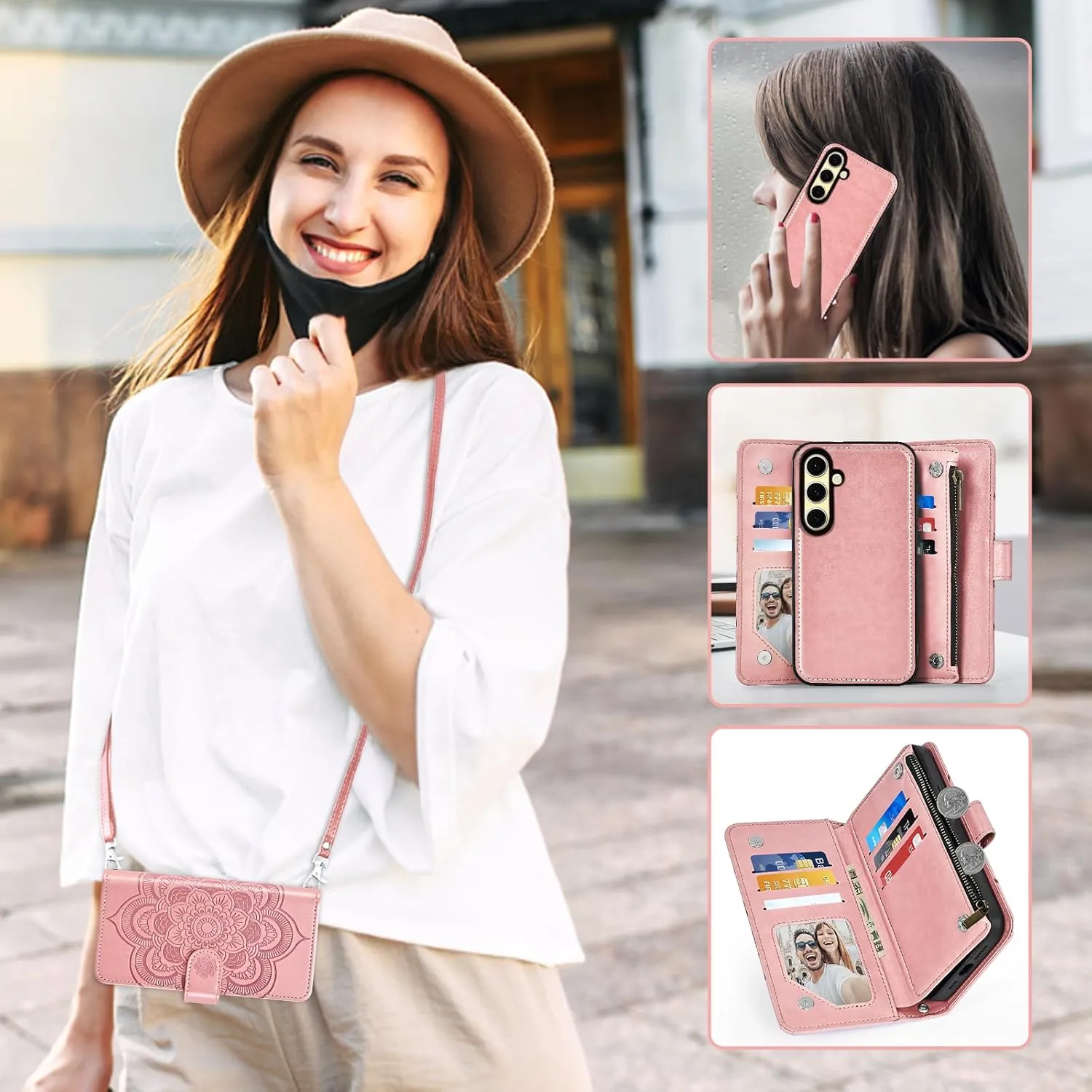 Asuwish Phone Case for Samsung Galaxy S24 FE 5G Zipper Wallet Magnetic Detachable Cell Cover with Tempered Glass Screen Protector Crossbody Strap Flower Card Holder S 24 EF S24FE 24S Women Rose Gold