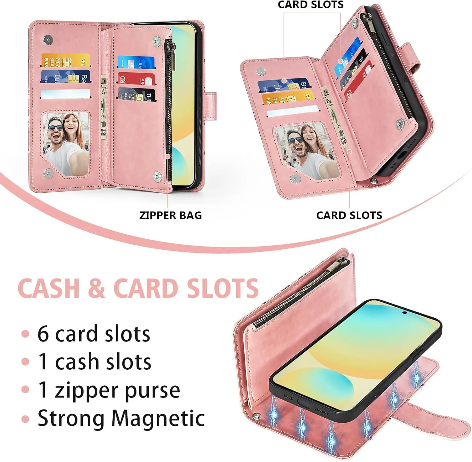 Asuwish Phone Case for Samsung Galaxy S24 FE 5G Zipper Wallet Magnetic Detachable Cell Cover with Tempered Glass Screen Protector Crossbody Strap Flower Card Holder S 24 EF S24FE 24S Women Rose Gold