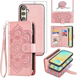 Asuwish Phone Case for Samsung Galaxy S24 FE 5G Zipper Wallet Magnetic Detachable Cell Cover with Tempered Glass Screen Protector Crossbody Strap Flower Card Holder S 24 EF S24FE 24S Women Rose Gold