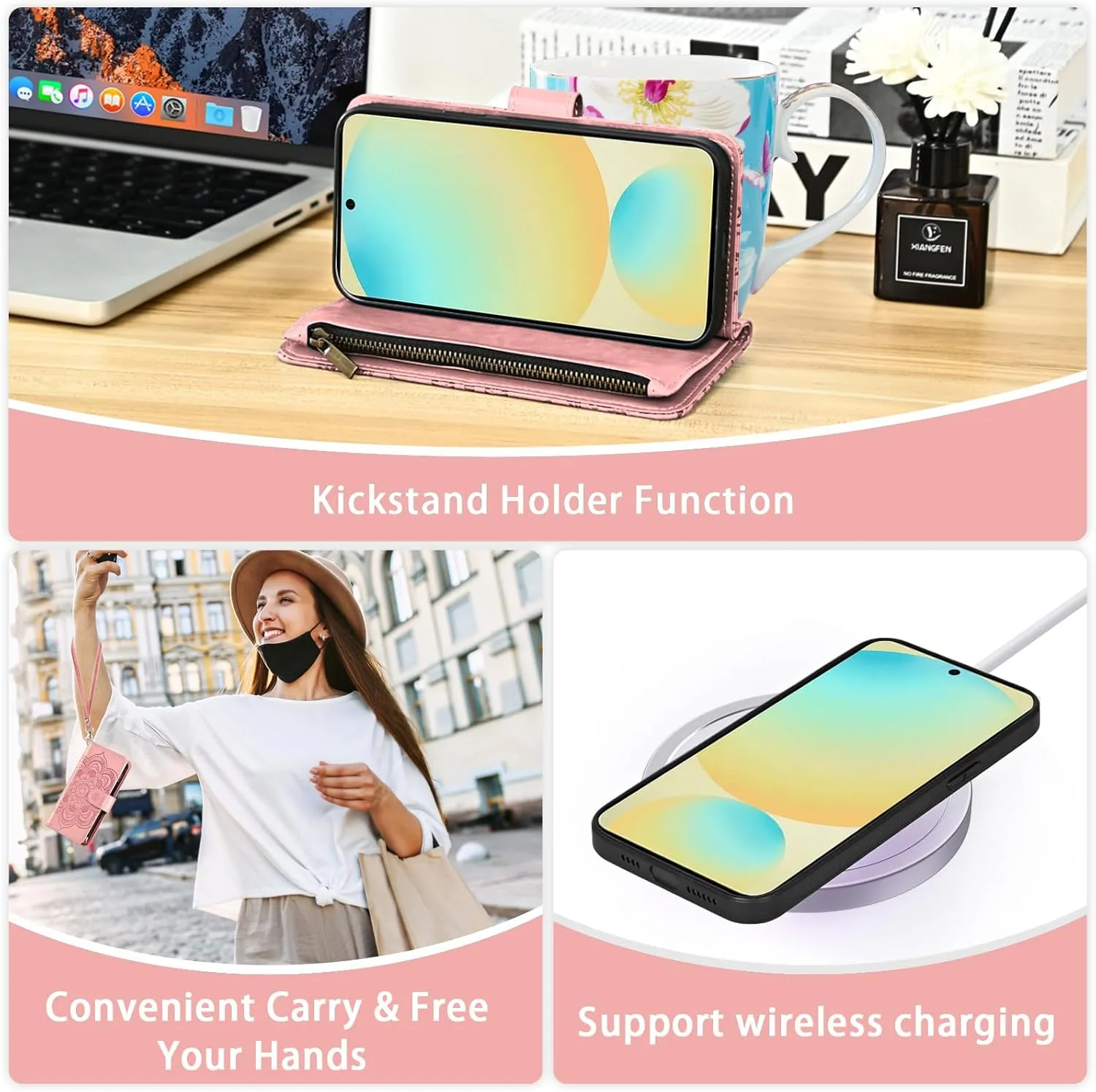 Asuwish Phone Case for Samsung Galaxy S24 FE 5G Zipper Wallet Magnetic Detachable Cell Cover with Tempered Glass Screen Protector Crossbody Strap Flower Card Holder S 24 EF S24FE 24S Women Rose Gold
