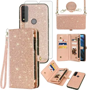 Asuwish Phone Case for TCL 30XE/30V/4X/20AX/20A/20R/Bremen 5G Zipper Wallet Cell Cover with Tempered Glass Screen Protector Flip Card Holder Slot TLC T601DL 30 XE XE5G V 20 AX R A 6.67 Women Rosegold