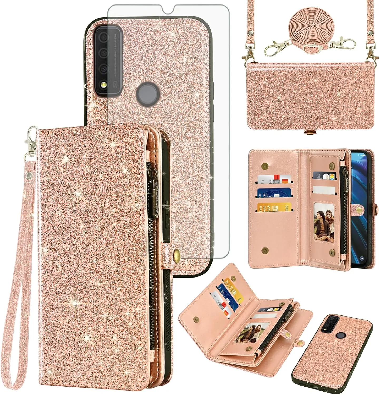 Asuwish Phone Case for TCL 30XE/30V/4X/20AX/20A/20R/Bremen 5G Zipper Wallet Cell Cover with Tempered Glass Screen Protector Flip Card Holder Slot TLC T601DL 30 XE XE5G V 20 AX R A 6.67 Women Rosegold
