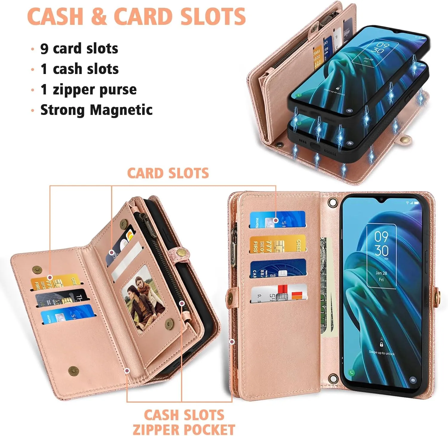 Asuwish Phone Case for TCL 30XE/30V/4X/20AX/20A/20R/Bremen 5G Zipper Wallet Cell Cover with Tempered Glass Screen Protector Flip Card Holder Slot TLC T601DL 30 XE XE5G V 20 AX R A 6.67 Women Rosegold