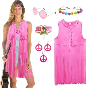 ATAMET 60s 70s Outfits for Women Hippie Costume Fringe Vest Faux Suede Tassel Vest Bohemia Headband Hippie Party Costume