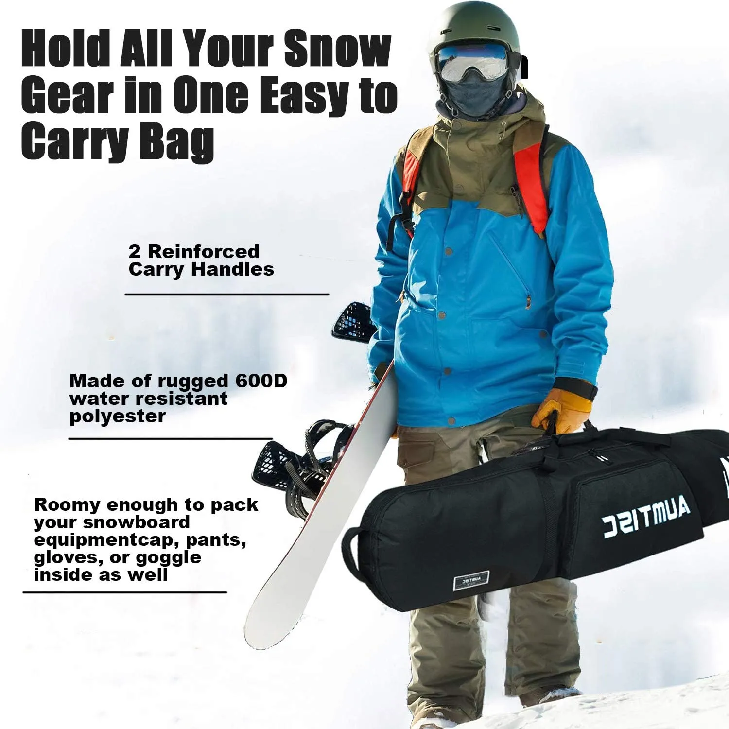 AUMTISC Snowboard Bag Unpadded, Travel Ski Bags with Storage Compartments, Shoulder Sling and Gear Pockets, for Snow board, Goggles, Gloves, Available Length in 155 cm 165 cm