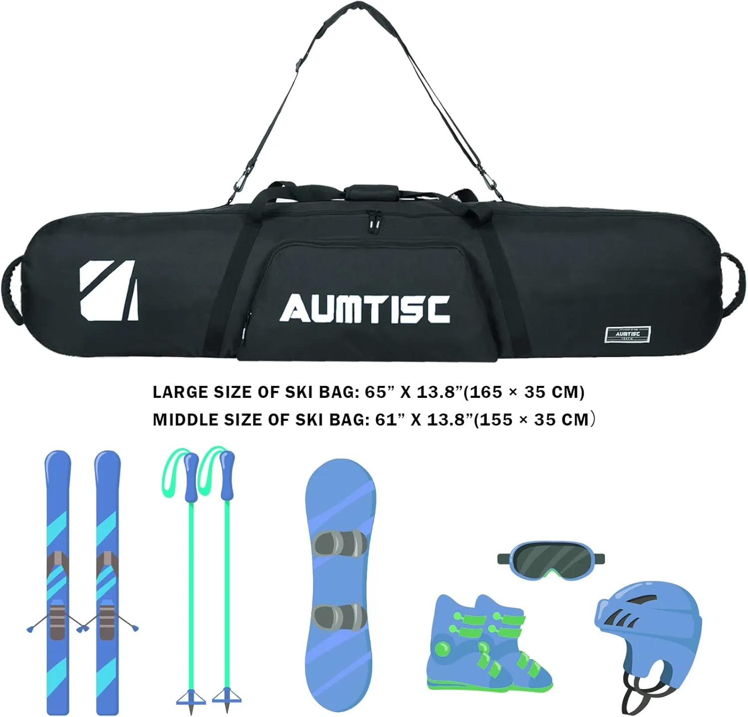 AUMTISC Snowboard Bag Unpadded, Travel Ski Bags with Storage Compartments, Shoulder Sling and Gear Pockets, for Snow board, Goggles, Gloves, Available Length in 155 cm 165 cm