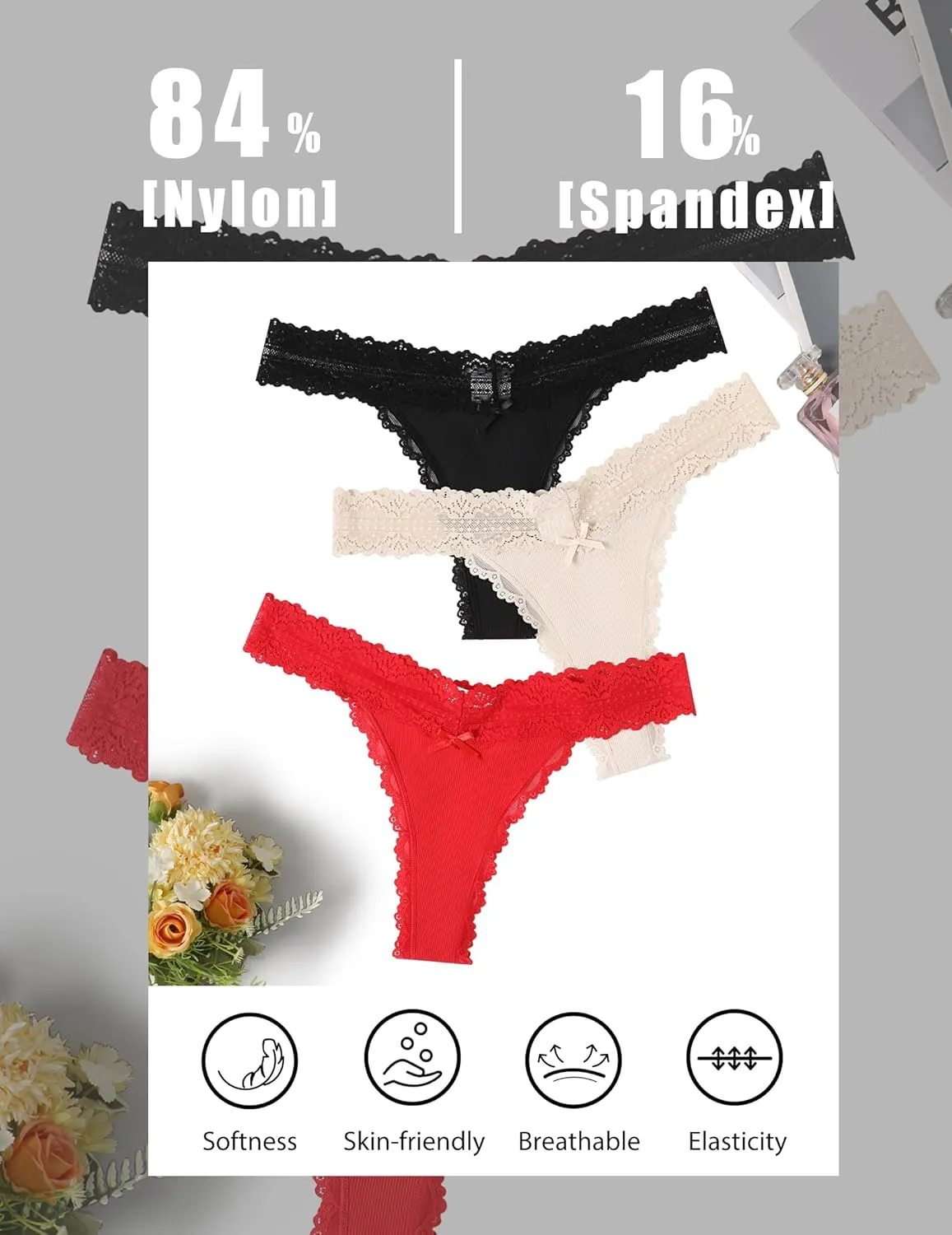 Avidlove Women's Lace Waist Thongs Underwear Ribbed Sexy T Back Panties for Women Pack