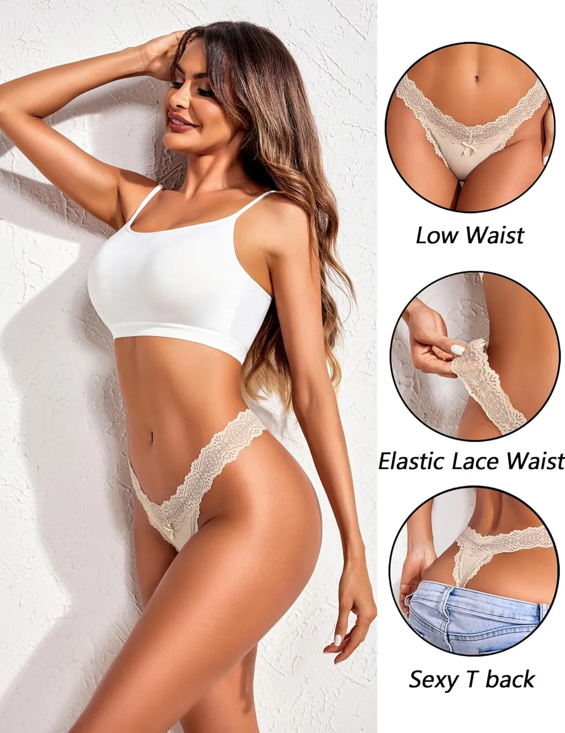 Avidlove Women's Lace Waist Thongs Underwear Ribbed Sexy T Back Panties for Women Pack