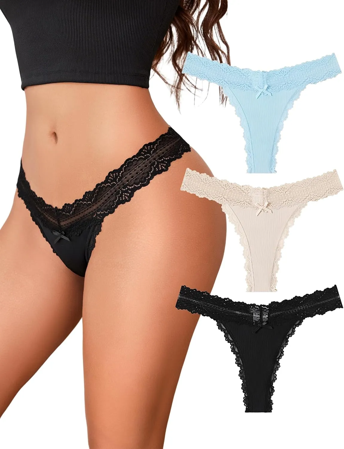 Avidlove Women's Lace Waist Thongs Underwear Ribbed Sexy T Back Panties for Women Pack