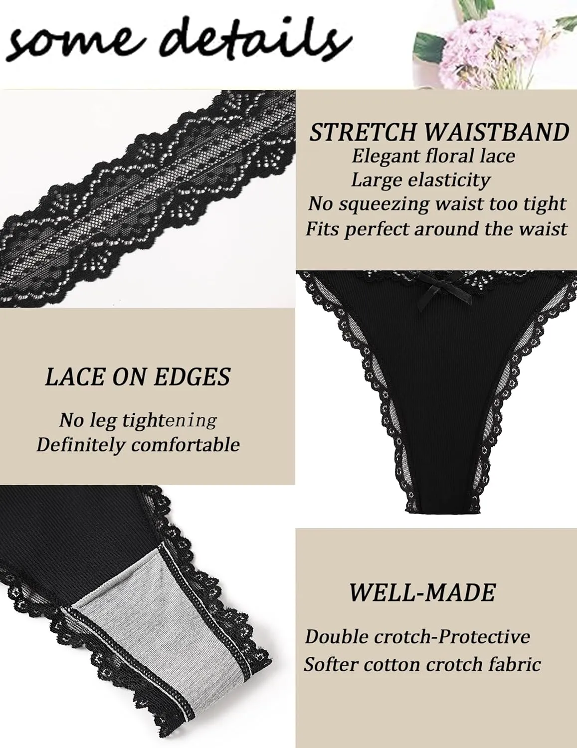 Avidlove Women's Lace Waist Thongs Underwear Ribbed Sexy T Back Panties for Women Pack