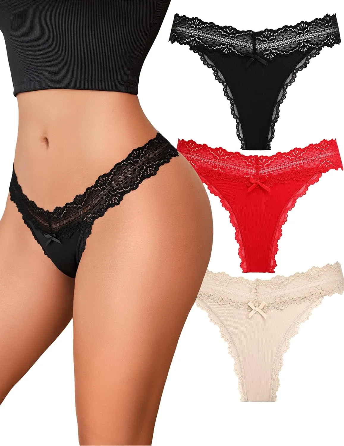 Avidlove Women's Lace Waist Thongs Underwear Ribbed Sexy T Back Panties for Women Pack