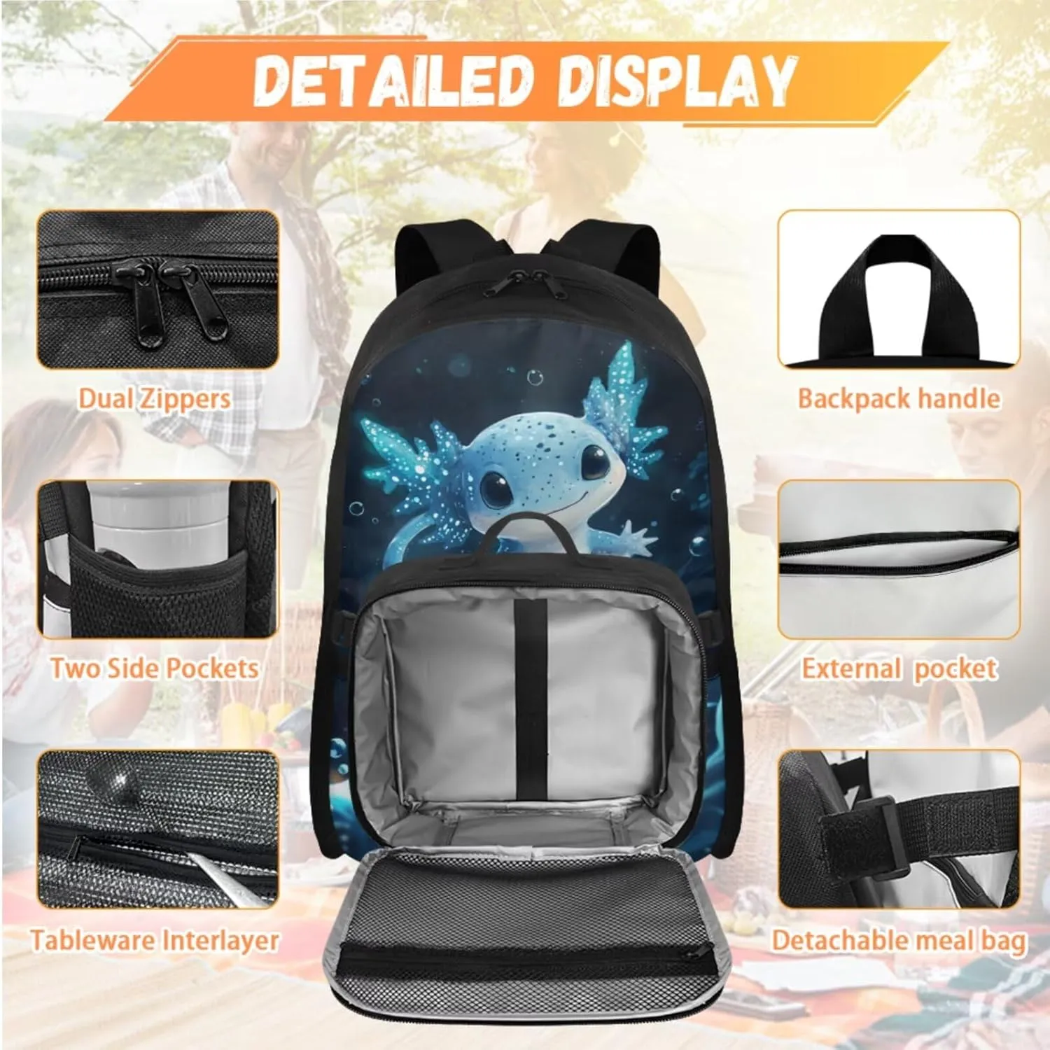 Axolotl Backpack for Elementary School Girls Cute Backpack for School Girls 4th Grade Heavy Duty Kids Bookbag with Lunch Box Trendy Book Bags for Classroom