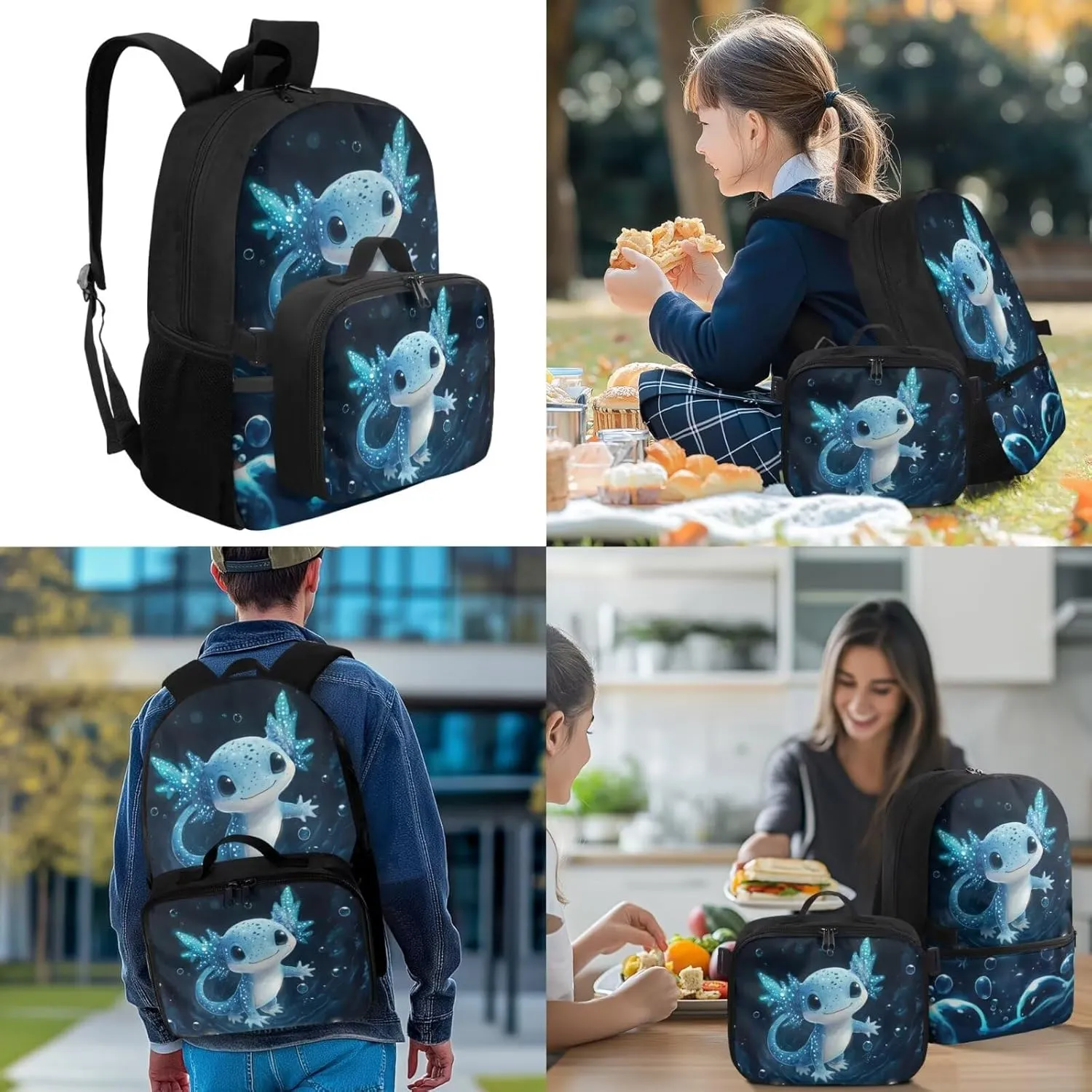 Axolotl Backpack for Elementary School Girls Cute Backpack for School Girls 4th Grade Heavy Duty Kids Bookbag with Lunch Box Trendy Book Bags for Classroom
