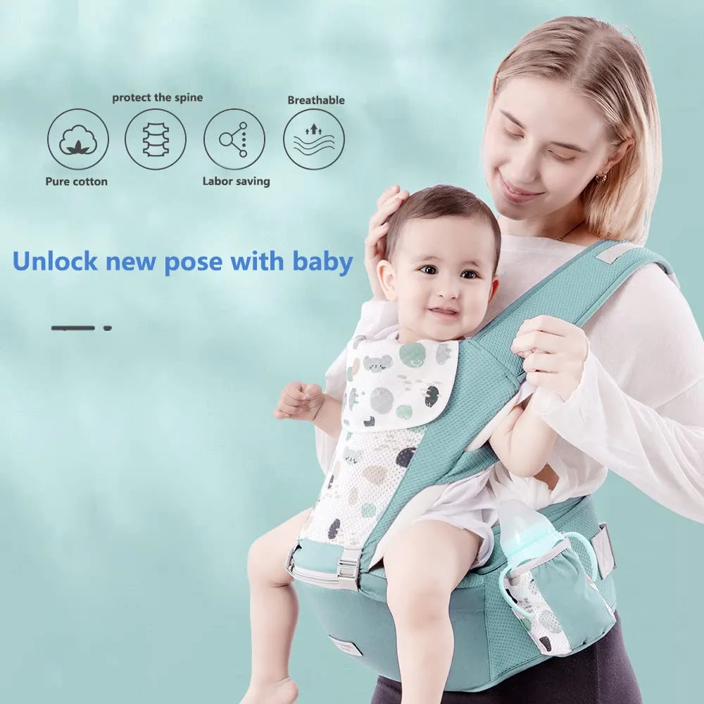 Baby Carrier with Hip Seat,Ergonomic Infant& Child Holder Carrier Kangaroo Bag with Storage Bags,Soft Lightweight Pure Cotton Comfortable Baby Backpack Carrier for Newborn and Toddler,7-55lbs (Green)