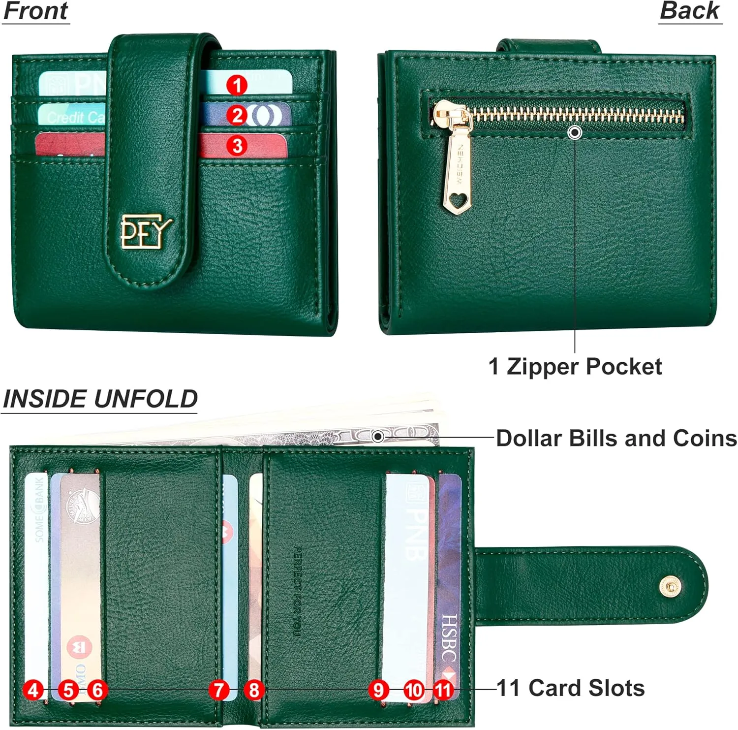 Badiya Small Wallets for Women Bifold Multi Card Case Wallet Slim Credit Card Holder with Zipper Coin Purse