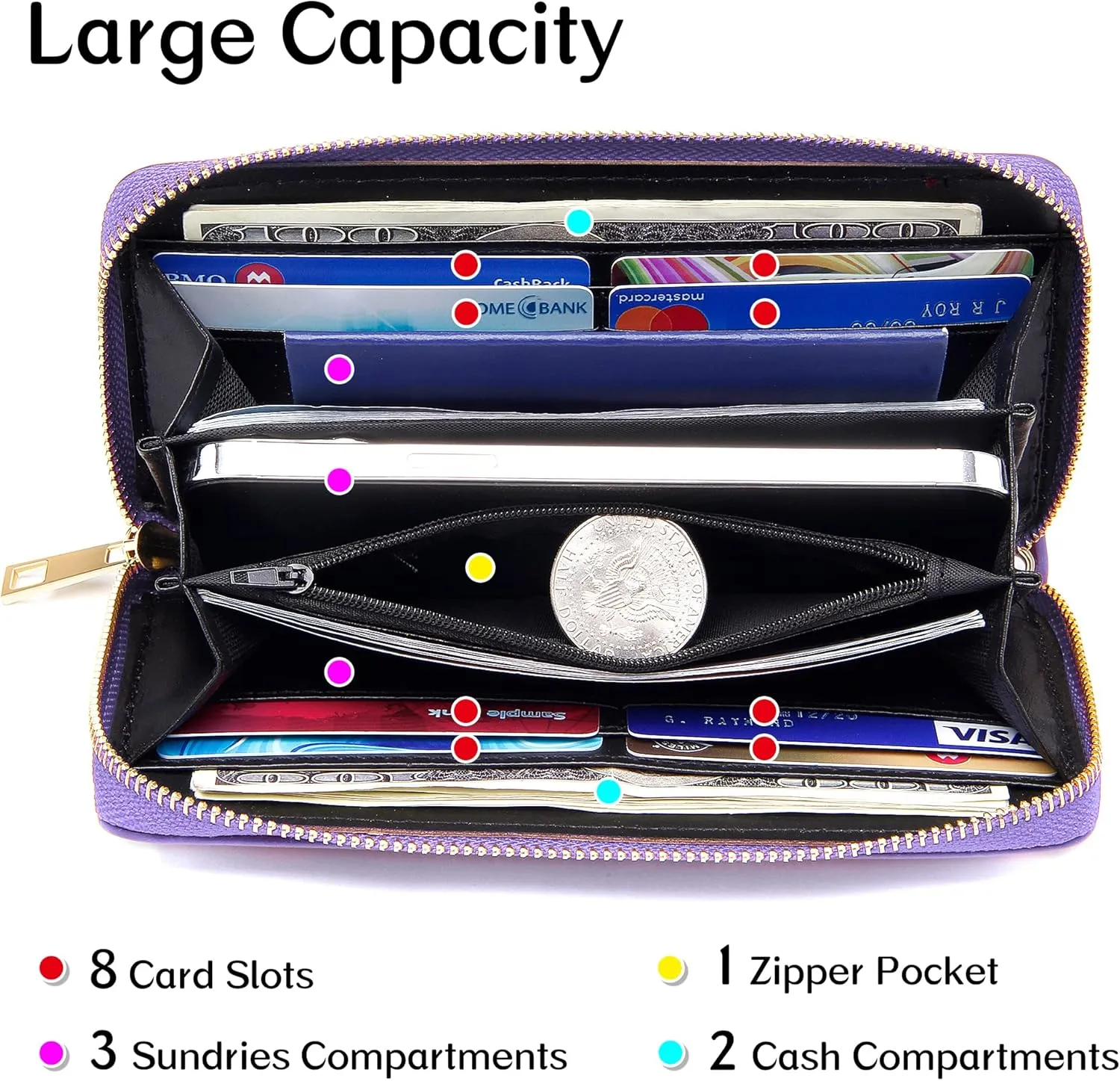 Badiya Womens Wallet Credit Card Holder RFlD Blocking Leather Zip Around Wallets Large Capacity Wristlet