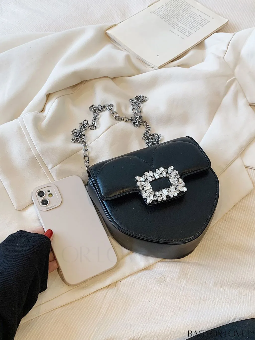 BagForLove - Compact Rhinestone-Embellished Flap Crossbody: Stylish and Chic