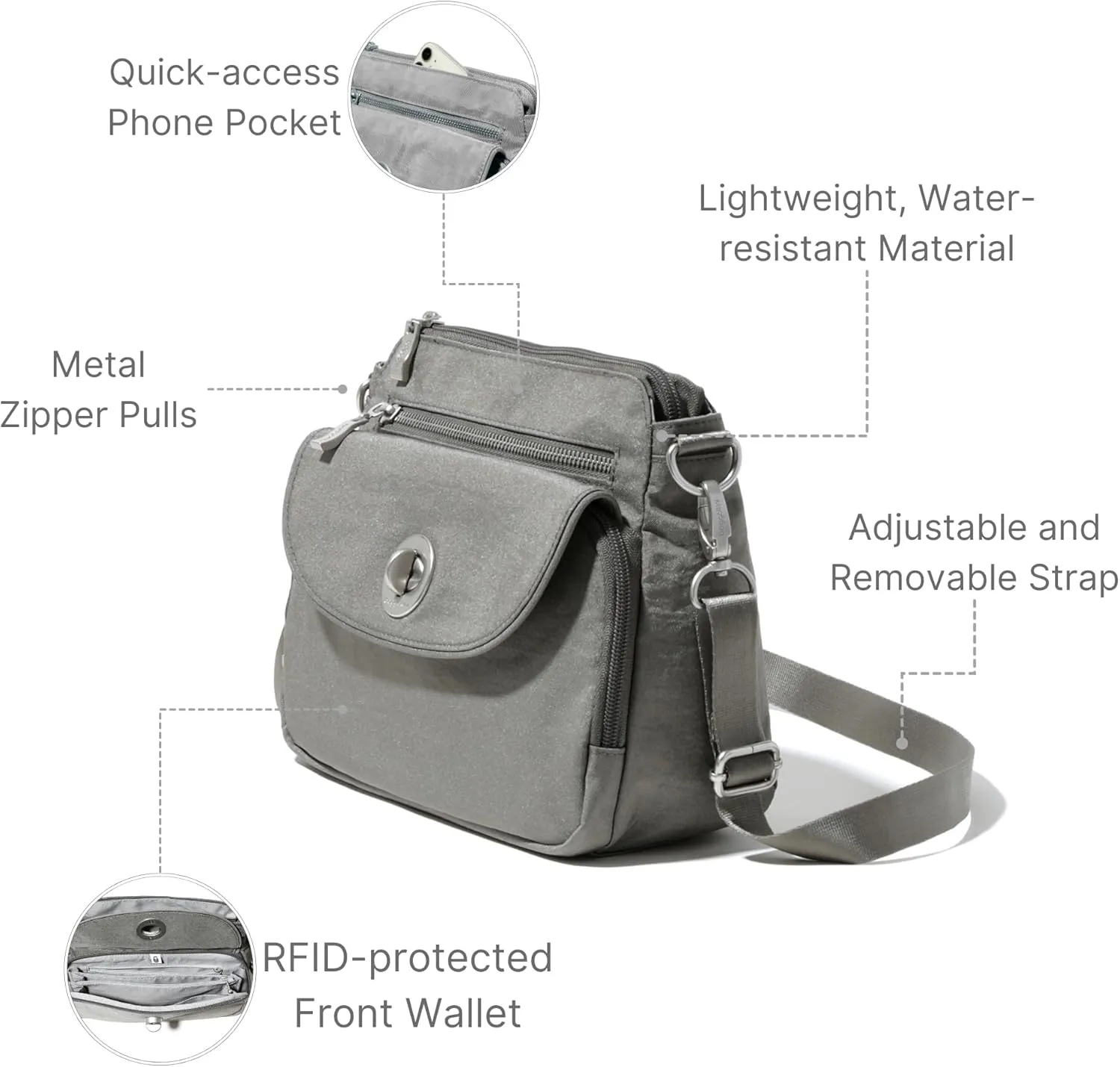 Baggallini Calais Crossbody Bags for Women 9.5"x7" Travel Handbag Purse w/RFID Front Wallet Lightweight Water-Resistant