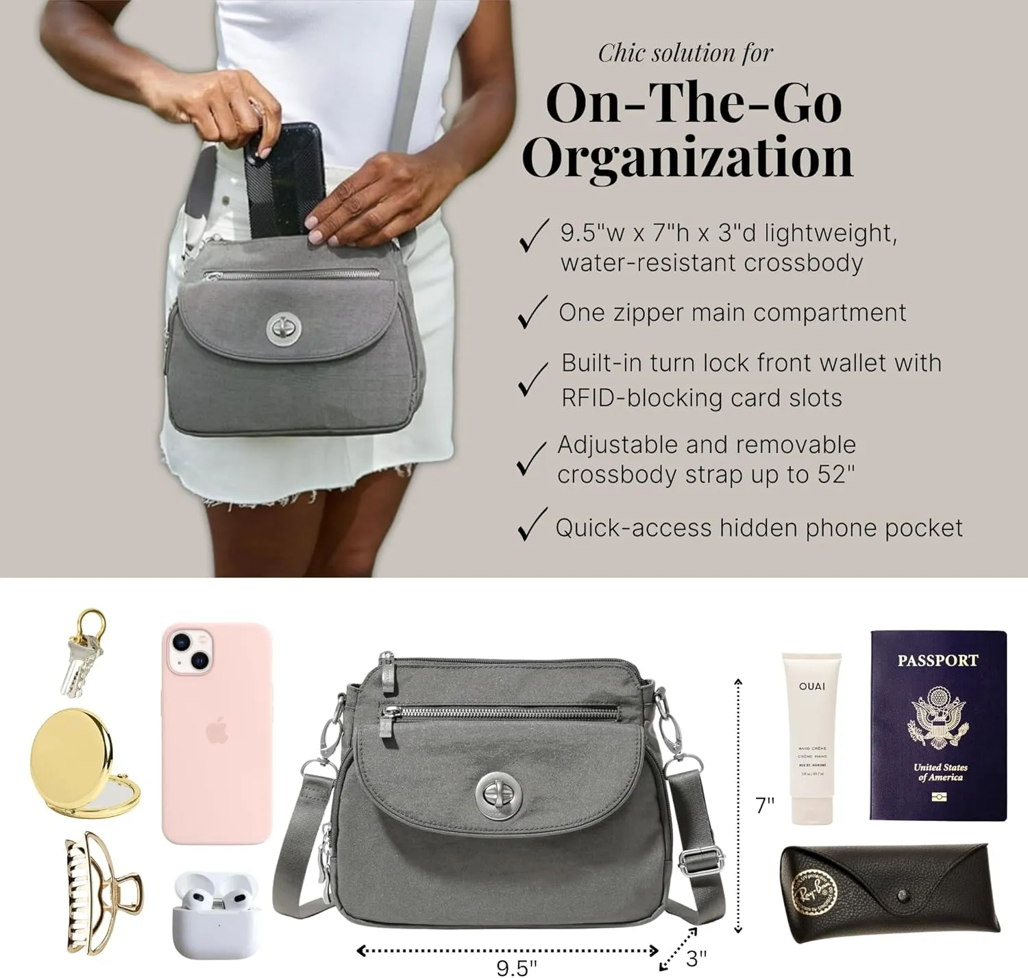 Baggallini Calais Crossbody Bags for Women 9.5"x7" Travel Handbag Purse w/RFID Front Wallet Lightweight Water-Resistant