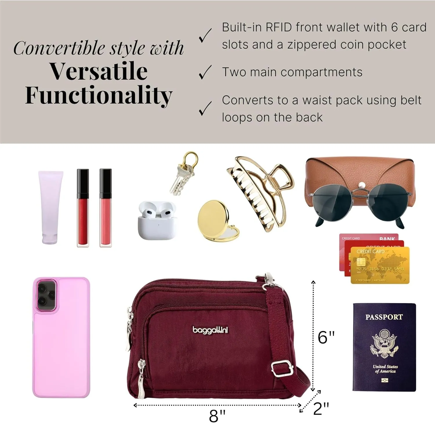 Baggallini Women Triple Zip Bag with Wallet