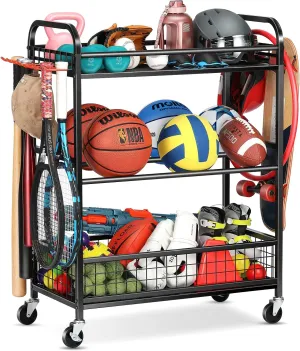 Ball Storage Sports Equipment Organizer - Garage Storage Cart Rolling Ball Storage Rack with Hooks Wheels Outdoor Indoor Gym Gear Toy Holder Bin for Basketball, Baseball, Soccer