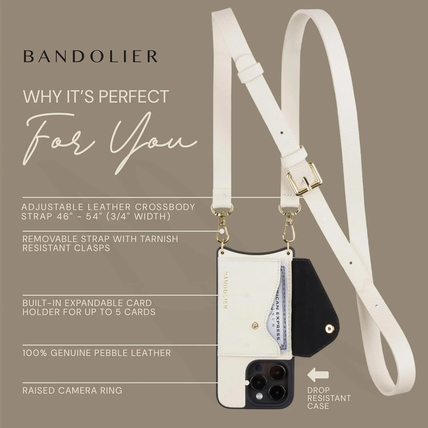 Bandolier Hailey Crossbody Wallet Phone Case for iPhone 16 Pro. 100% Genuine Pebble Leather with Gold Hardware. Adjustable & Removable Strap. Expandable Flip Card Holder. Ivory with Gold
