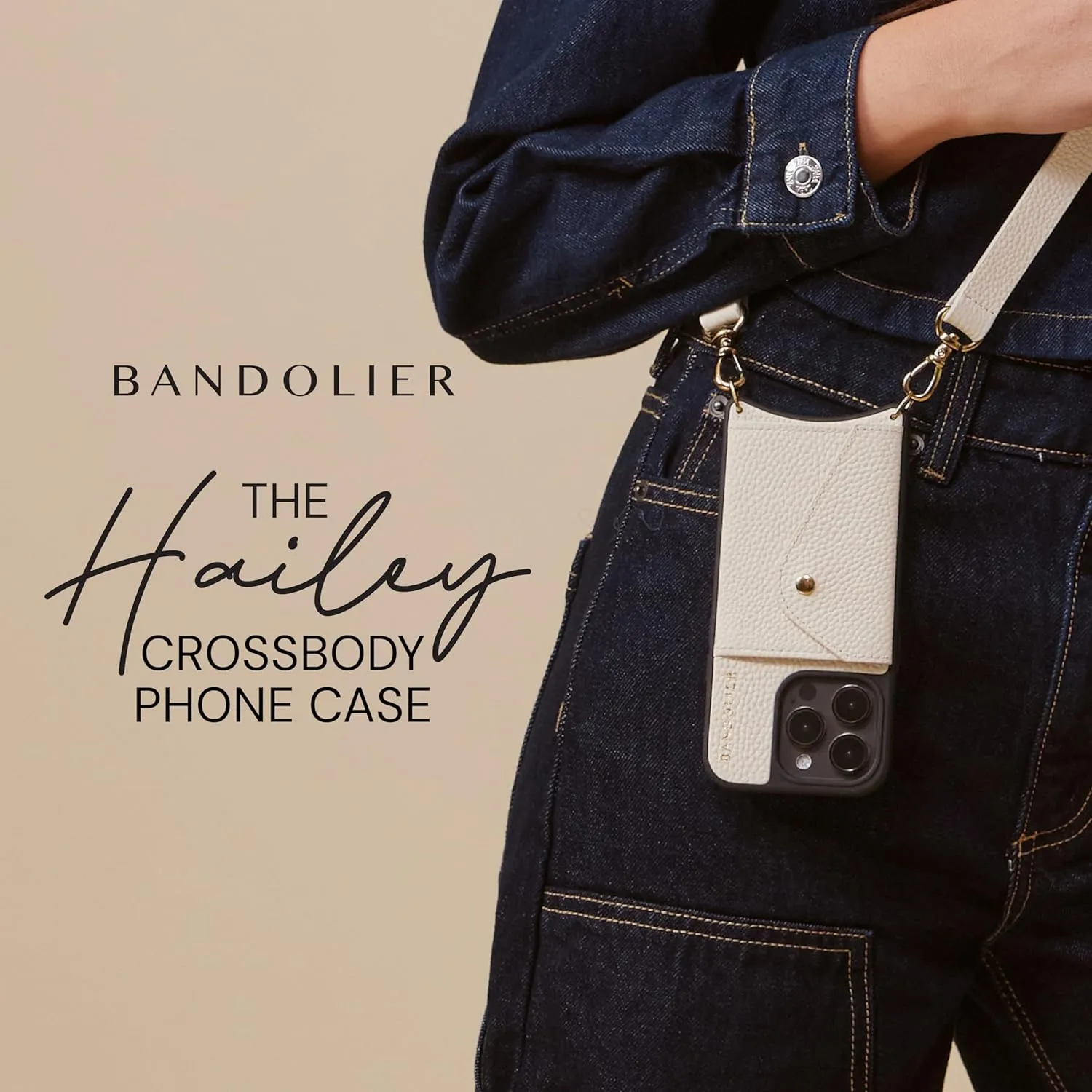 Bandolier Hailey Crossbody Wallet Phone Case for iPhone 16 Pro. 100% Genuine Pebble Leather with Gold Hardware. Adjustable & Removable Strap. Expandable Flip Card Holder. Ivory with Gold