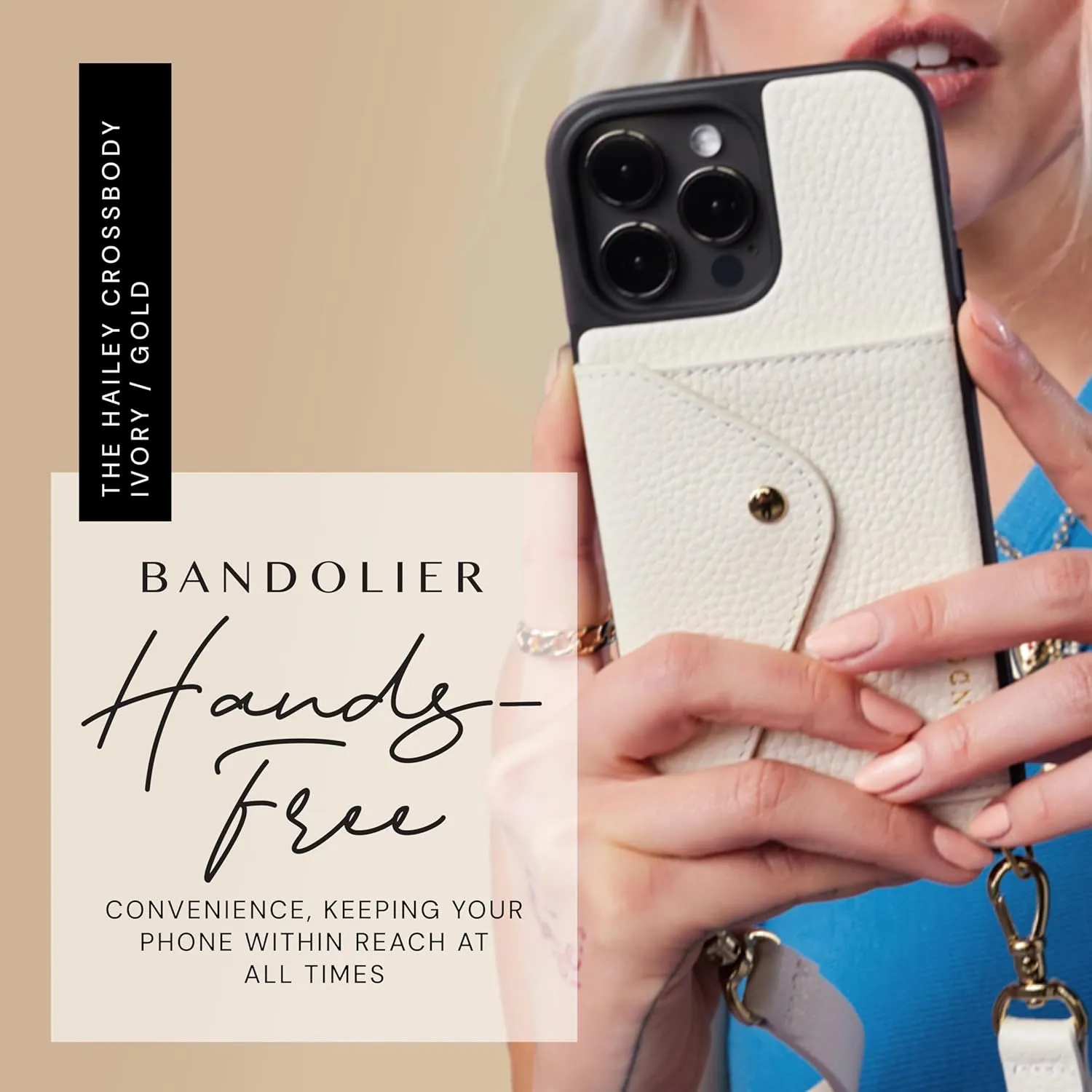 Bandolier Hailey Crossbody Wallet Phone Case for iPhone 16 Pro. 100% Genuine Pebble Leather with Gold Hardware. Adjustable & Removable Strap. Expandable Flip Card Holder. Ivory with Gold