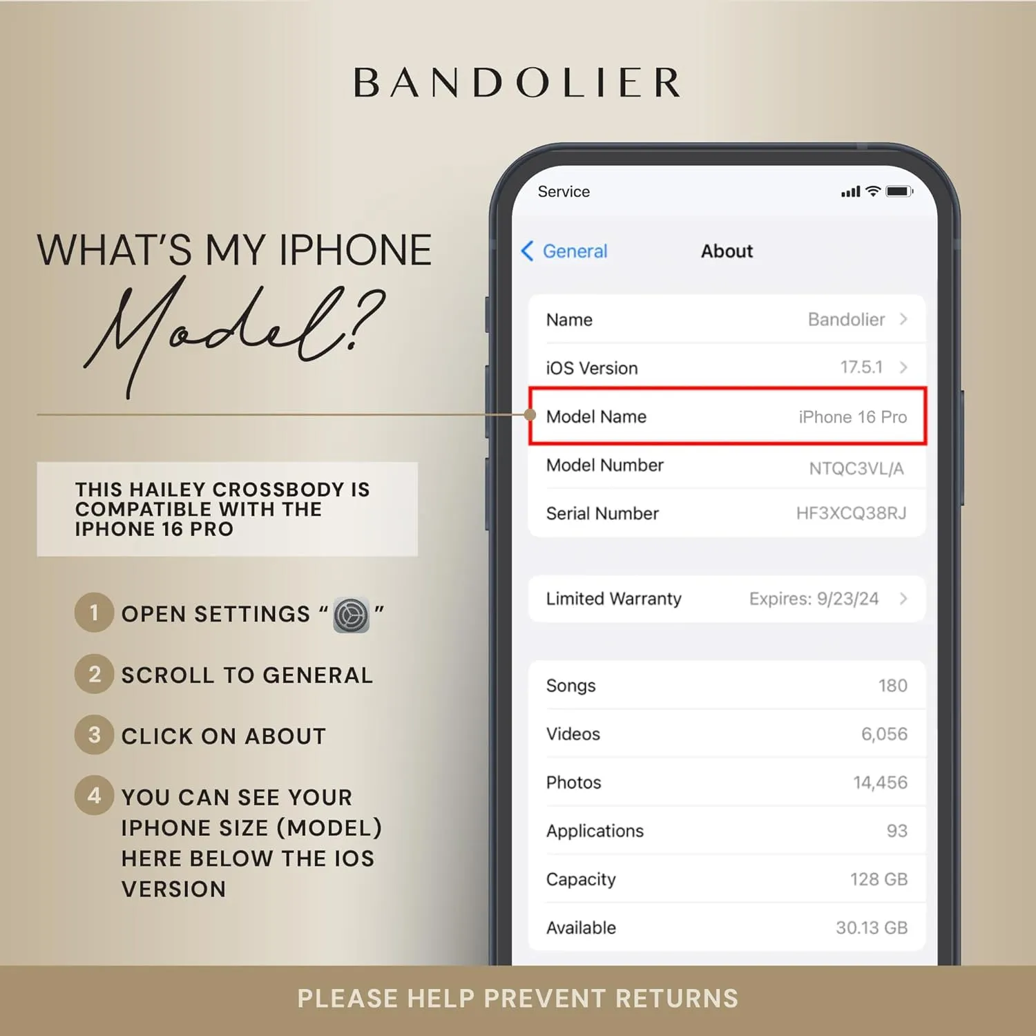 Bandolier Hailey Crossbody Wallet Phone Case for iPhone 16 Pro. 100% Genuine Pebble Leather with Gold Hardware. Adjustable & Removable Strap. Expandable Flip Card Holder. Ivory with Gold
