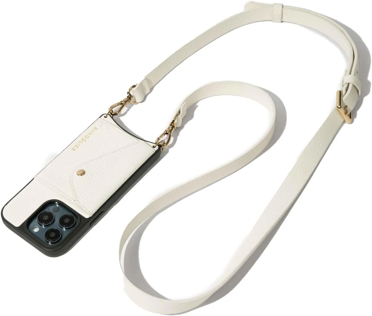 Bandolier Hailey Crossbody Wallet Phone Case for iPhone 16 Pro. 100% Genuine Pebble Leather with Gold Hardware. Adjustable & Removable Strap. Expandable Flip Card Holder. Ivory with Gold