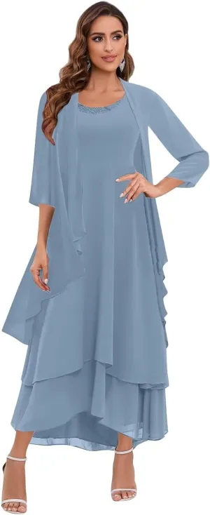 BANTRATIC 2 Pieces Mother of The Bride Dresses for Wedding Chiffon Tiered 3/4 Sleeve Ankle Length A-Line Formal Party Gown