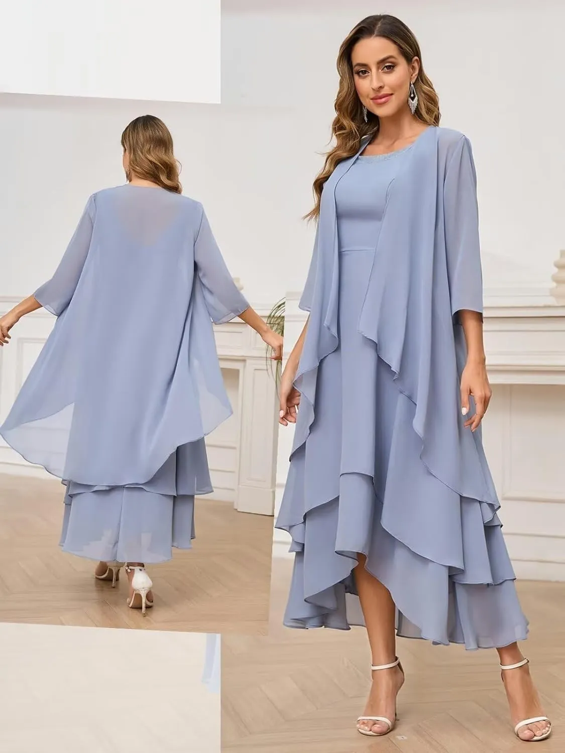 BANTRATIC 2 Pieces Mother of The Bride Dresses for Wedding Chiffon Tiered 3/4 Sleeve Ankle Length A-Line Formal Party Gown