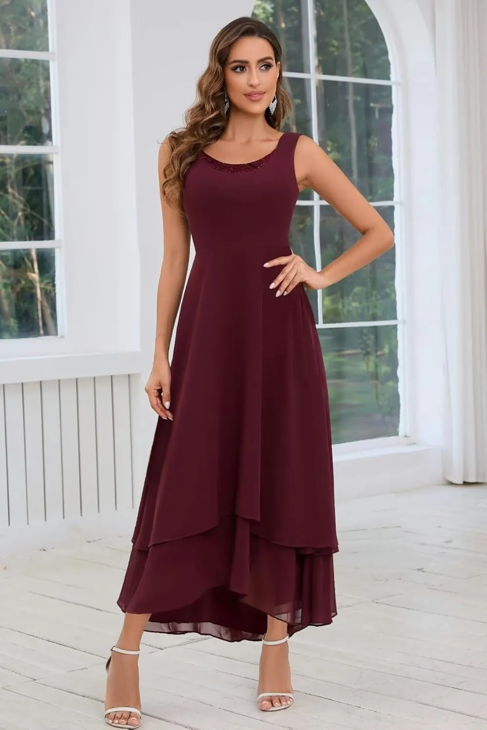 BANTRATIC 2 Pieces Mother of The Bride Dresses for Wedding Chiffon Tiered 3/4 Sleeve Ankle Length A-Line Formal Party Gown