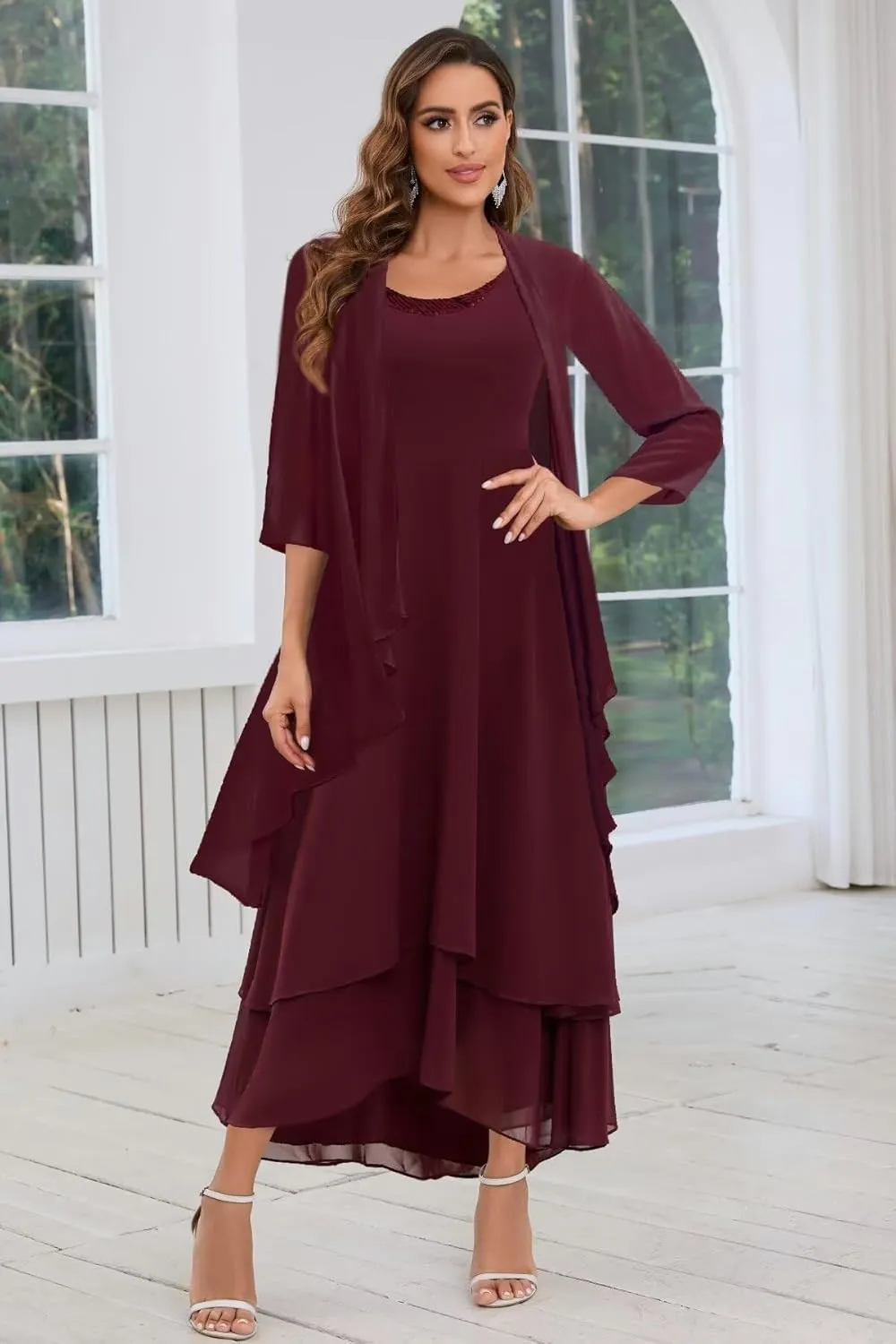 BANTRATIC 2 Pieces Mother of The Bride Dresses for Wedding Chiffon Tiered 3/4 Sleeve Ankle Length A-Line Formal Party Gown