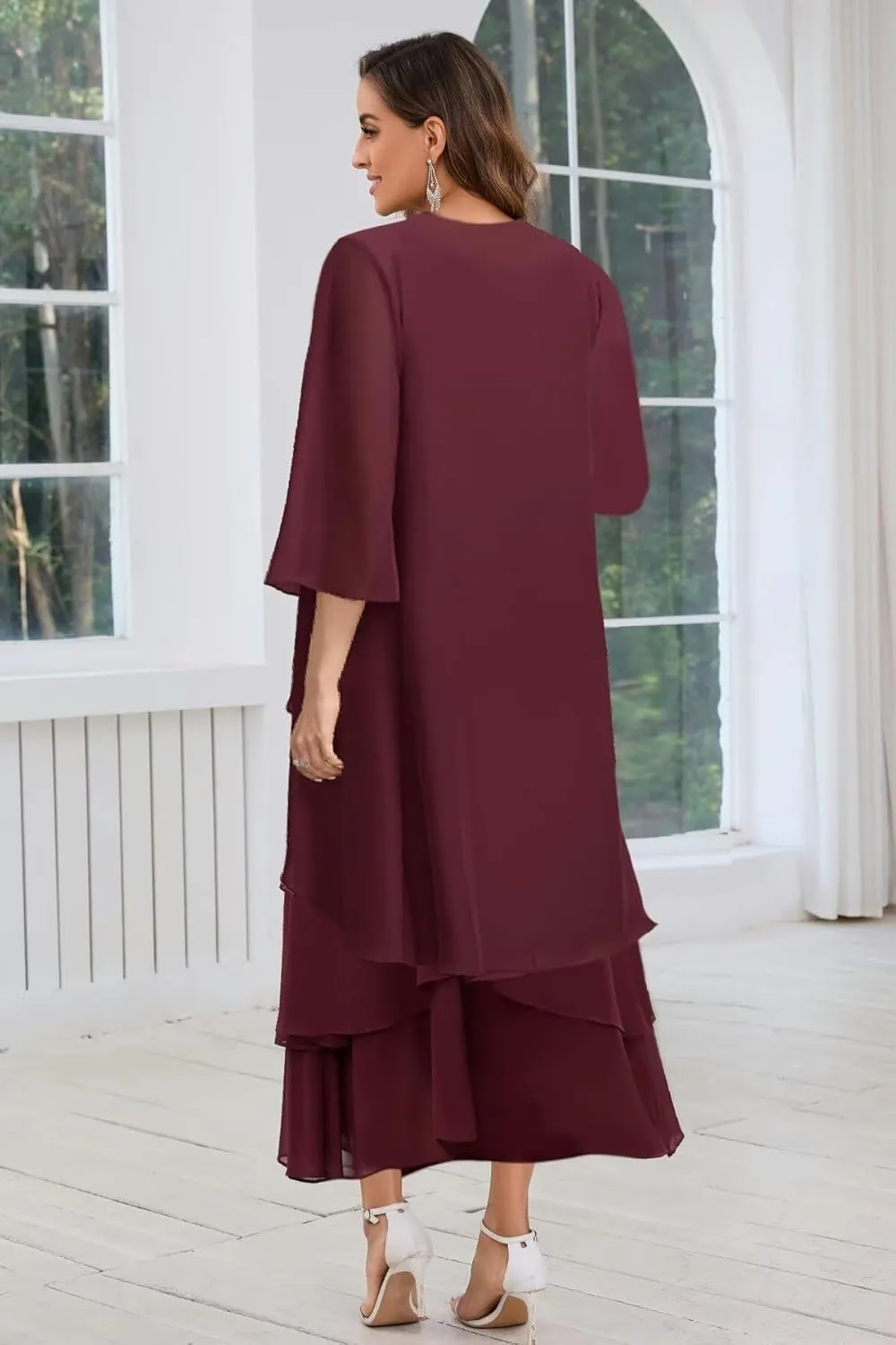 BANTRATIC 2 Pieces Mother of The Bride Dresses for Wedding Chiffon Tiered 3/4 Sleeve Ankle Length A-Line Formal Party Gown