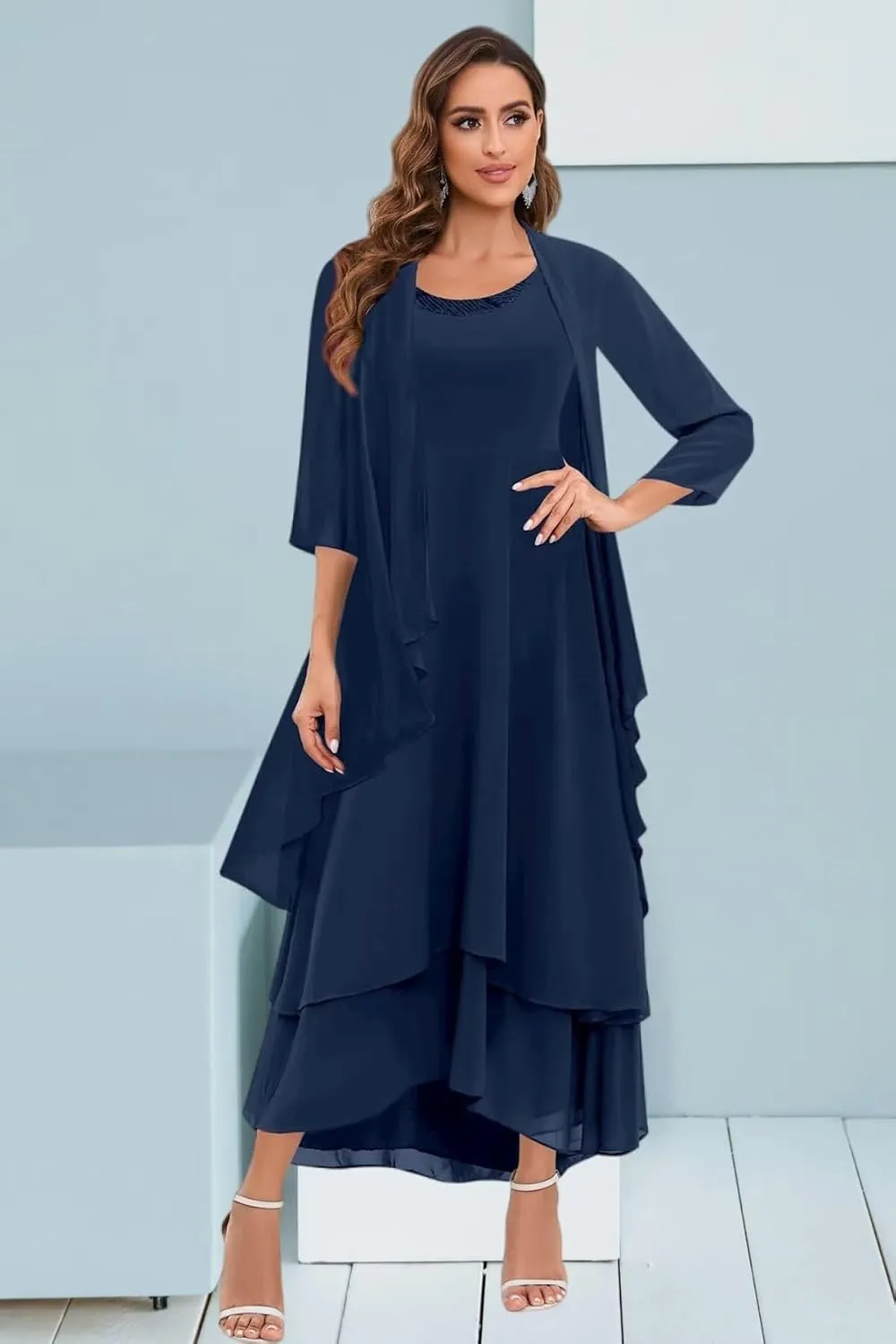 BANTRATIC 2 Pieces Mother of The Bride Dresses for Wedding Chiffon Tiered 3/4 Sleeve Ankle Length A-Line Formal Party Gown