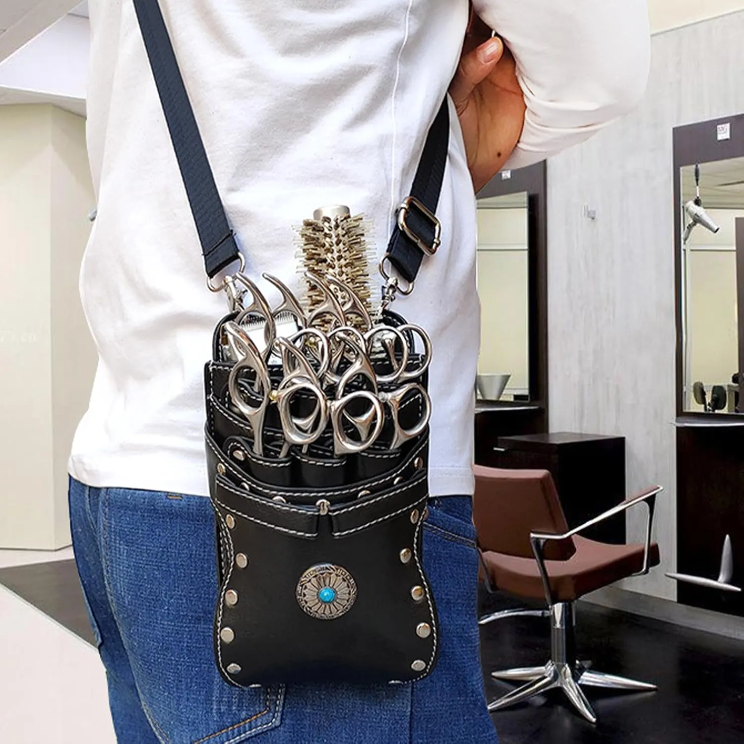 Barber Bag, crossbody and waist dual purpose Scissor Holder Hairdressing Tools Storage Holster Shear PU Leather Pouch with Removable for Hairstylists Groomer Makeup Artists Comb