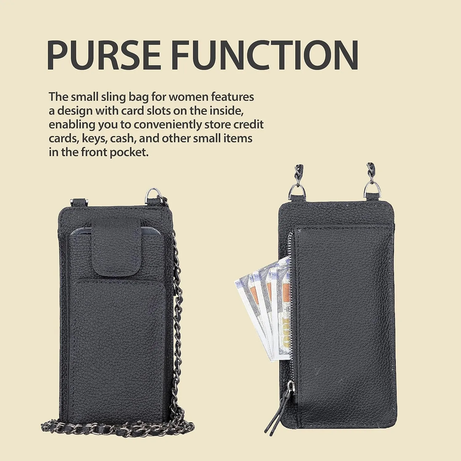 Bayelon Leather Crossbody Cellphone Purse Bag for Women, Zippered Shoulder Bag with Phone Pocket and Chain Strap, 4 Card Black