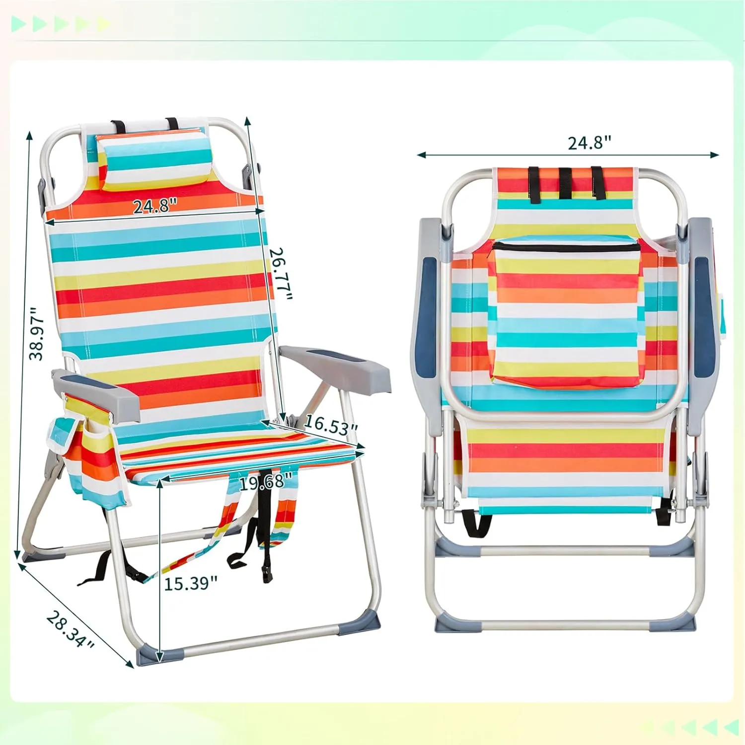Beach Backpacking Chair Foldable Camping Chairs for Adults,5 Positions Reclining Hiking Chair w/Headrest and Cooler Pockets,Compact Chair for Camp,Fishing,Picnics, Sports,220lbs,Colorful Stripes